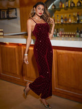 Women's Rhinestone Decor Velvet Wide Leg Jumpsuit, Party Outfit
